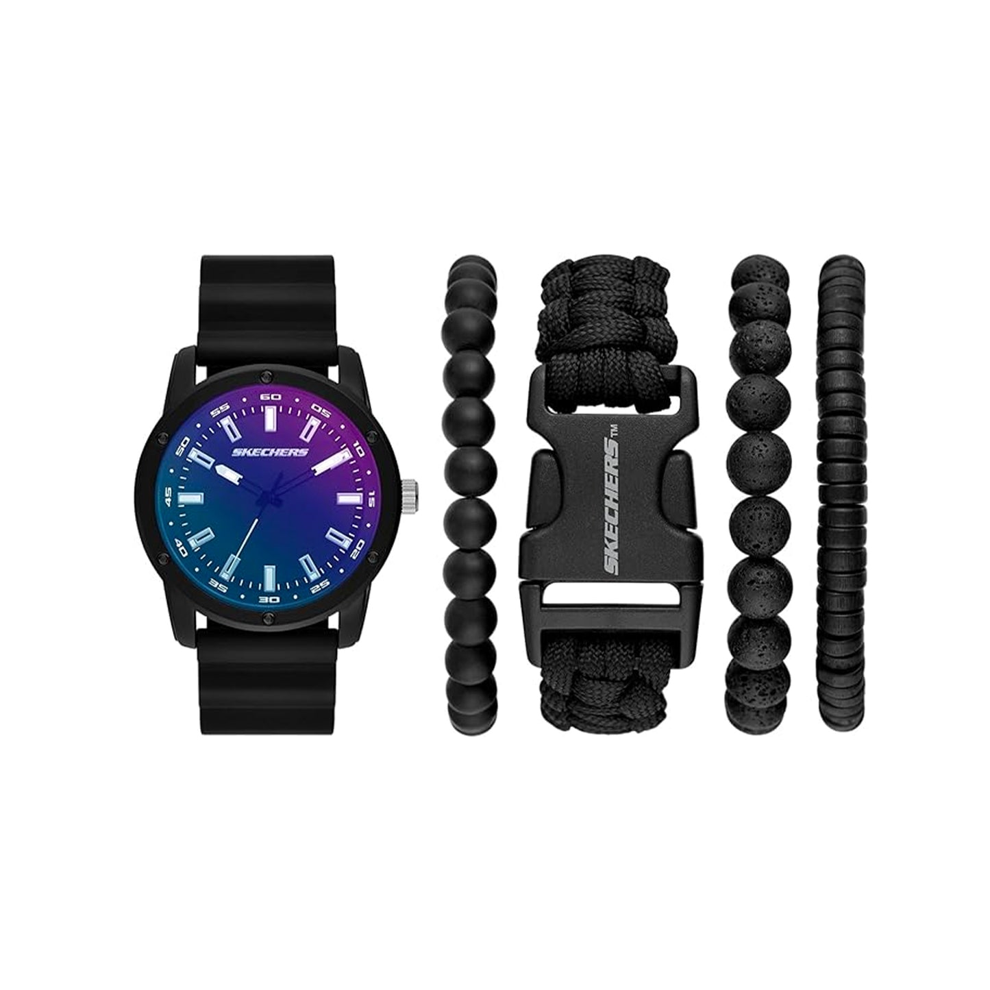 Black and Blue Laser Stackable Watch and Bracelet Set