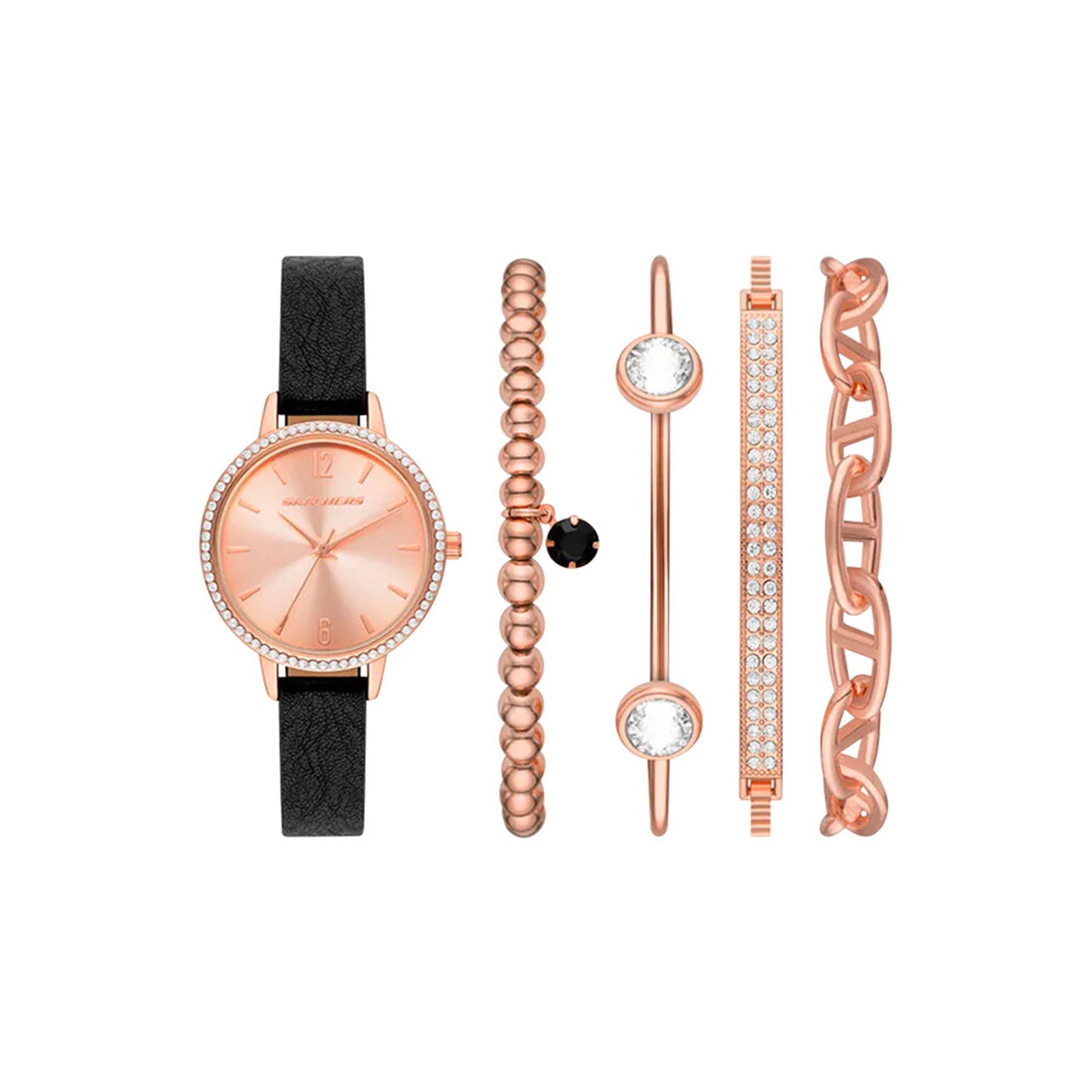 Black and Rose Gold Quartz Stackable Watch and Bracelet Set SKC-SR9070