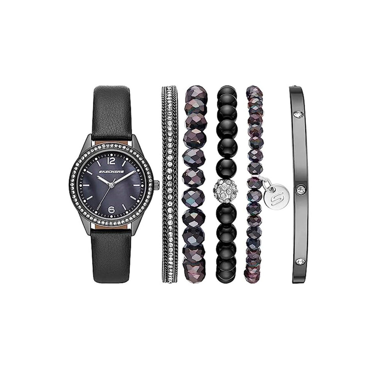 Black Mother-of-Pearl Stackable Watch and Bracelet Set