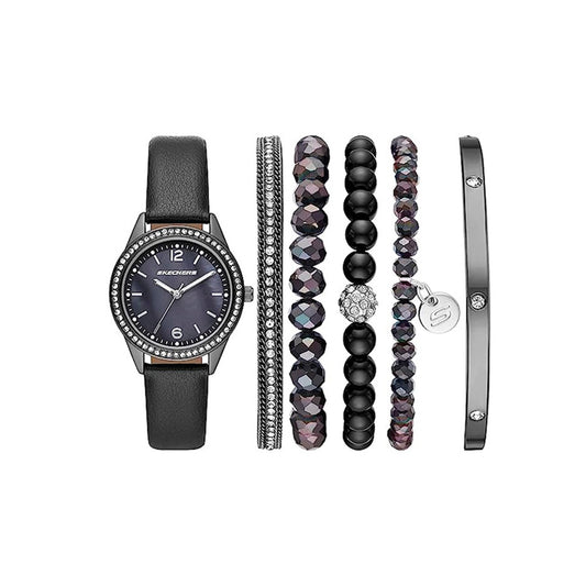 Black Mother-of-Pearl Stackable Watch and Bracelet Set