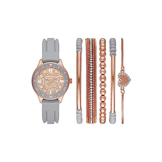 Gray and Rose Gold Pavé Quartz Stackable Watch and Bracelet Set