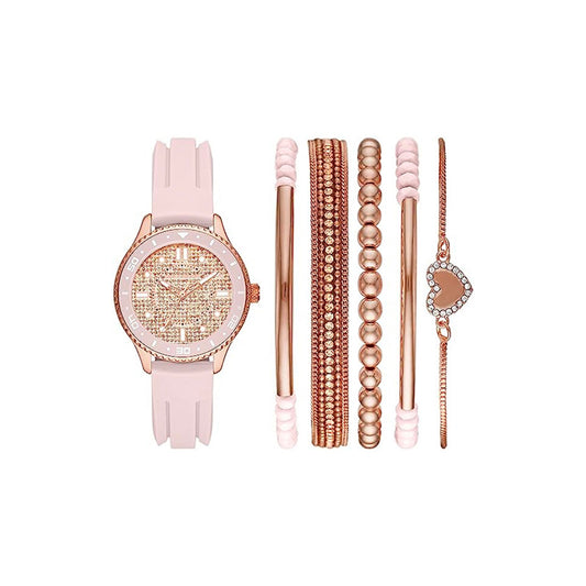 Blush and Rose Gold Pavé Quartz Stackable Watch and Bracelet Set