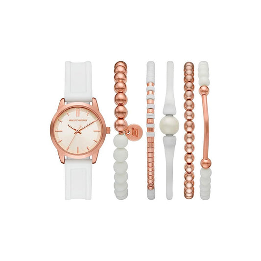 White and Rose Gold Silicone Quartz Stackable Watch and Bracelet Set