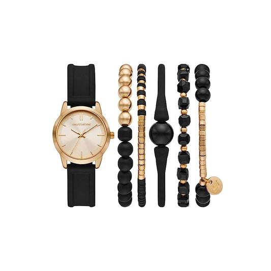 Black and Gold Gold Silicone Quartz Stackable Watch and Bracelet Set