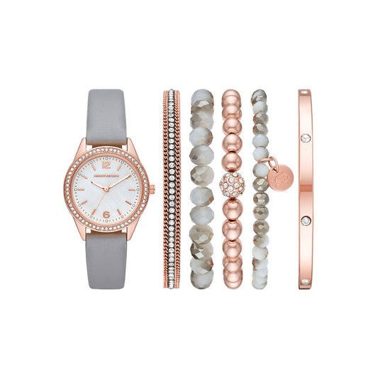Gray and Rose Gold Mother-of-Pearl Stackable Watch and Bracelet Set