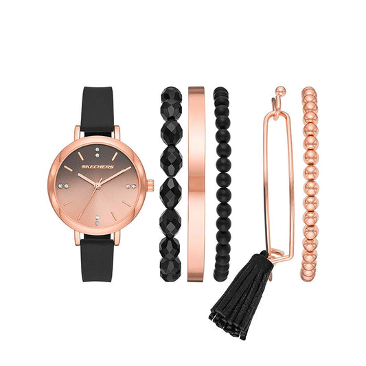Black and Rose Gold Tassle Stackable Watch and Bracelet Set